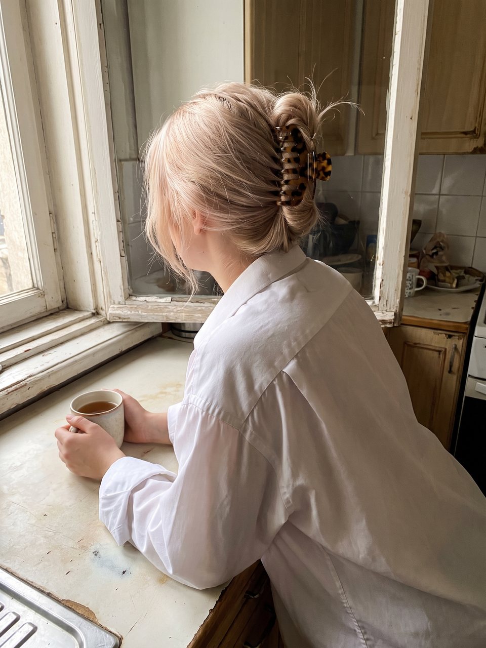 Beigeblondes Haar, mit einer Klammer hochgesteckt, von hinten