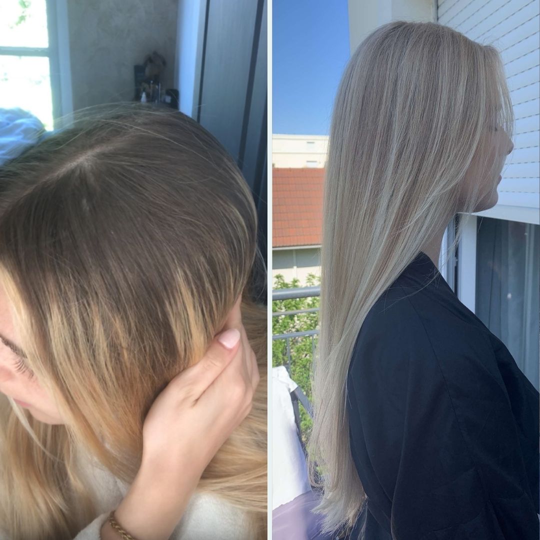 Avant après OMAD'S : blond doré devenu blond cendré très clair