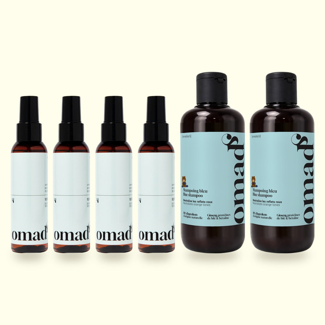 Double duo anti-roux : 4 sprays éclaircissants et 2 shampoings bleu
