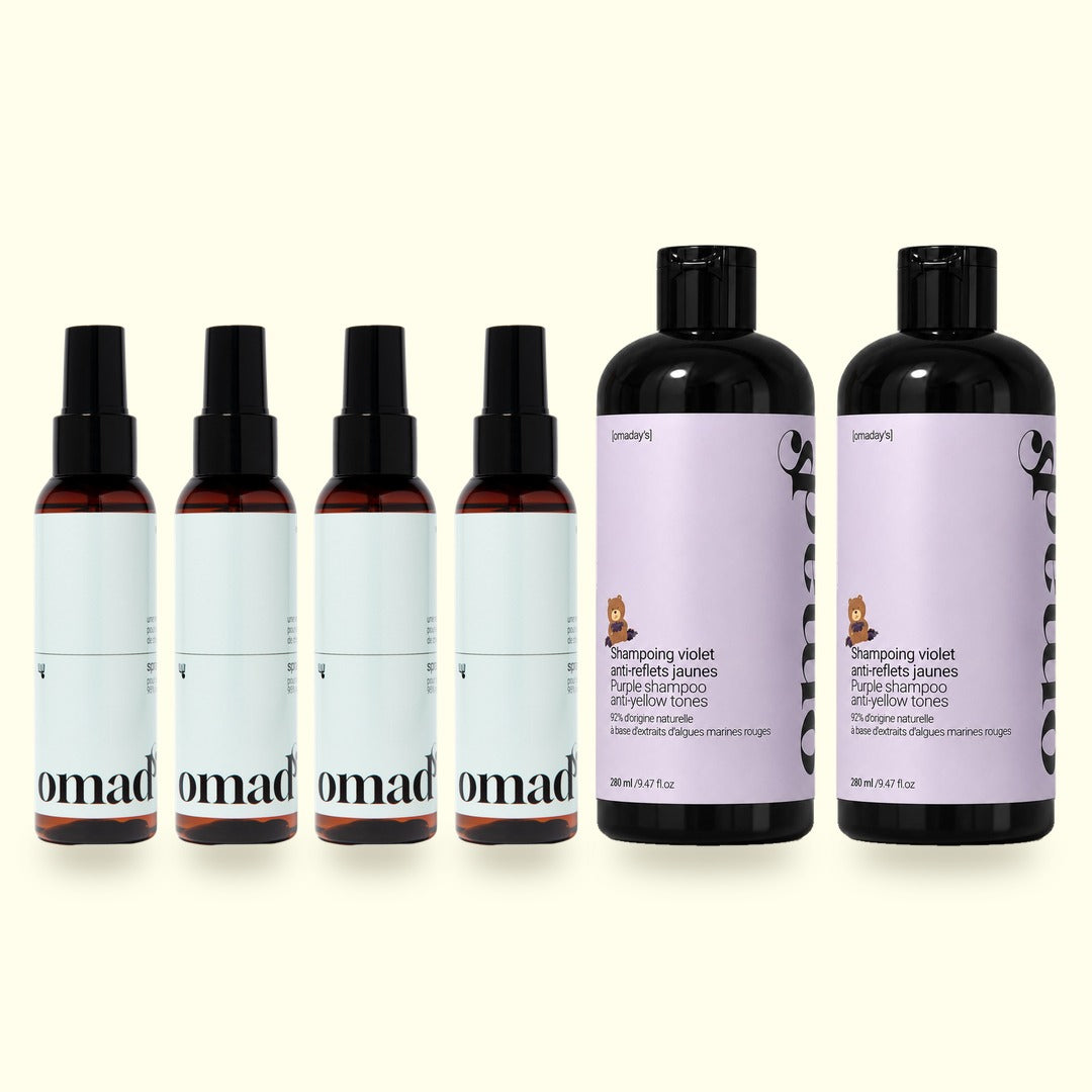 Double duo anti-jaune : 4 sprays éclaircissants et 2 shampoings violet