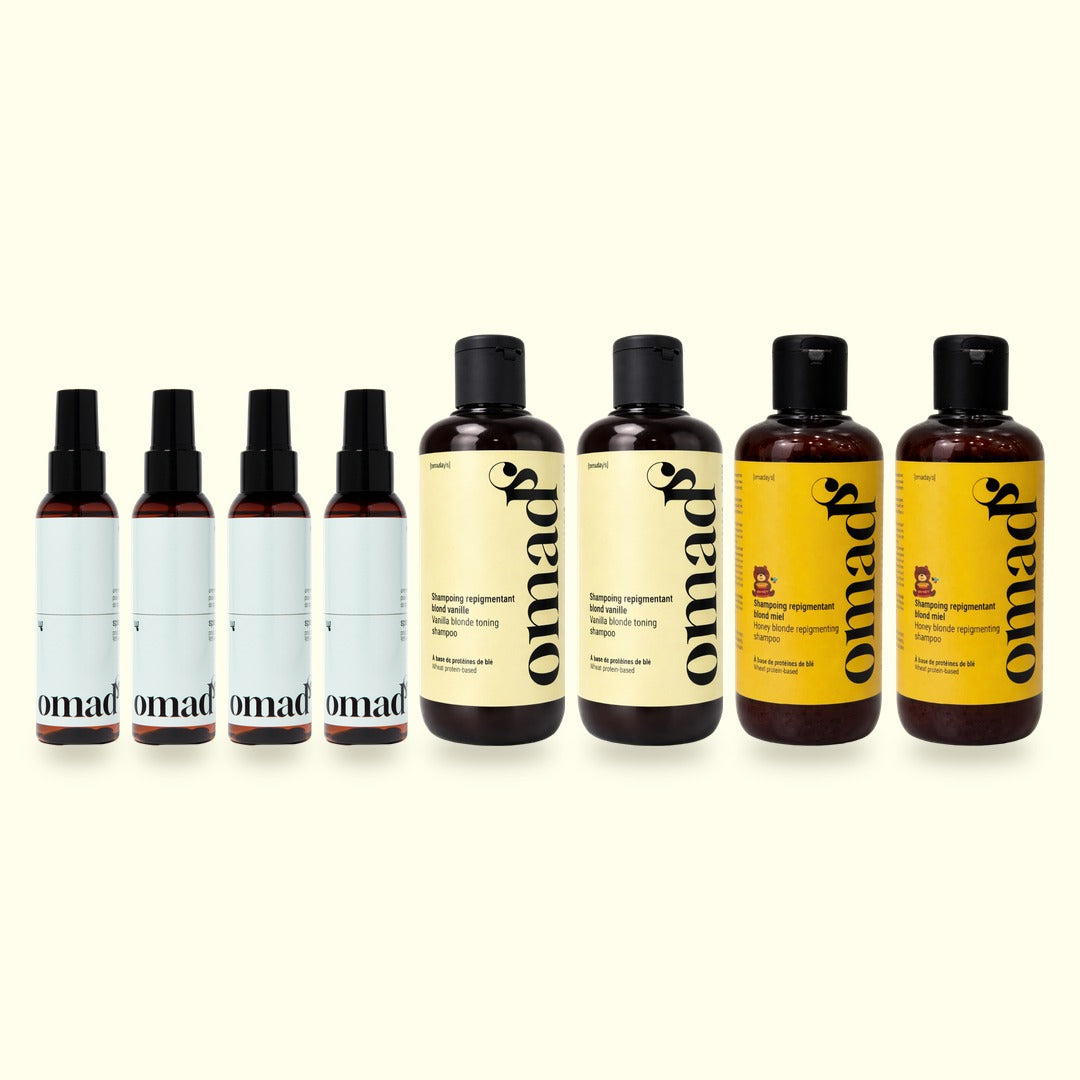 Double du coffret Pour toi et pour elle : 4 sprays éclaircissants, 2 shampoings Blond Vanille et 2 shampoings Blond Miel