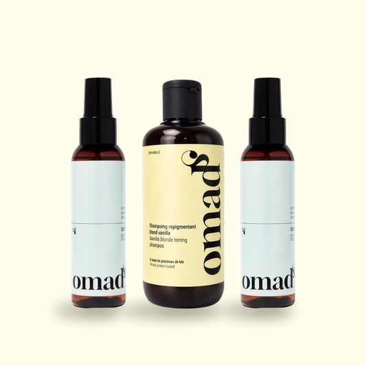 Deux sprays éclaircissants encadrant le shampoing Blond Vanille OMAD'S