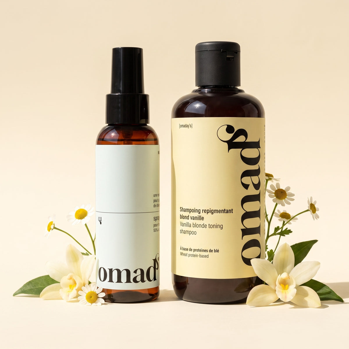 Le spray eclaircissant et le shampoing Blond Vanille OMAD'S