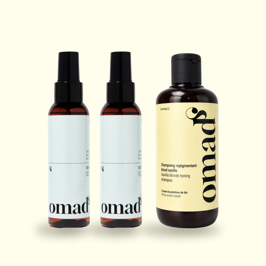 Deux sprays éclaircissants et le shampoing Blond Vanille OMAD'S