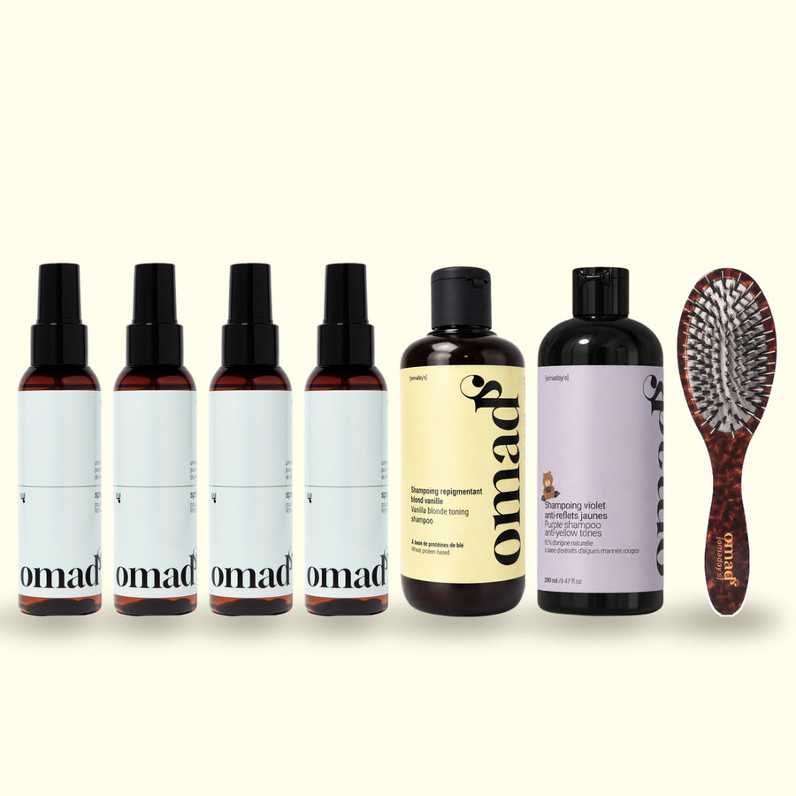 Quatre sprays éclaircissants, les shampoings Blond Vanille et violet, et la brosse en poil de sanglier OMAD'S