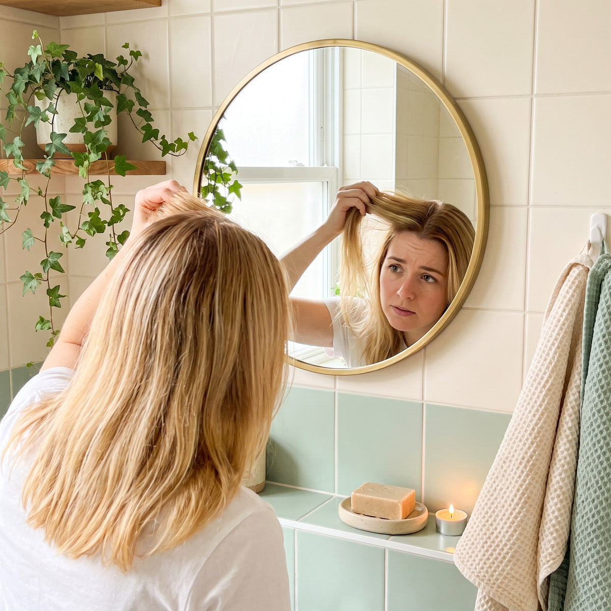 Blonde observant ses repousses chatain clair dans le miroir