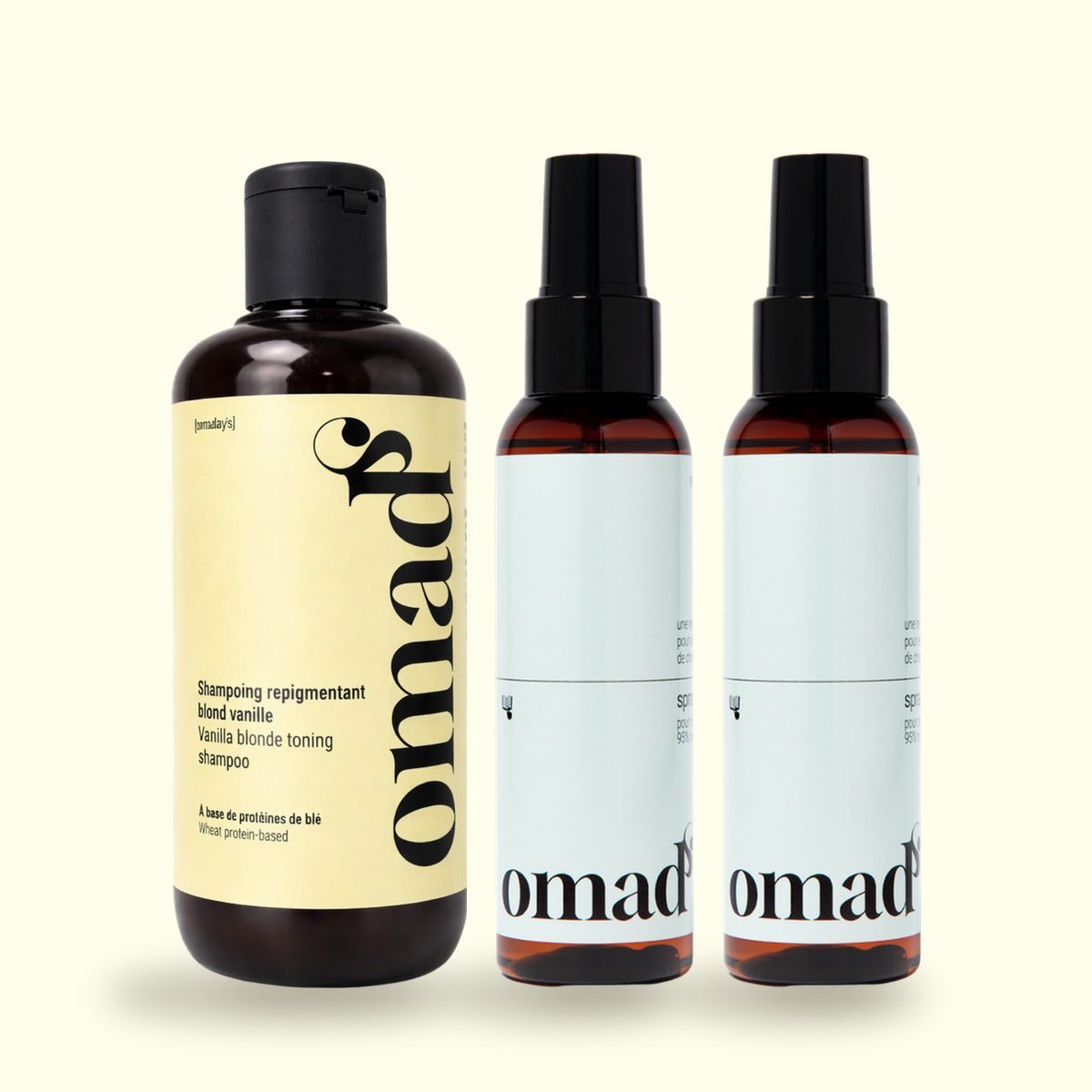 La routine OMAD'S en 2 gestes : le shampoing Blond Vanille et deux sprays éclaircissants