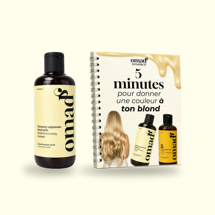 Le shampoing Blond Vanille a cote du guide 5 minutes pour donner une couleur a ton blond