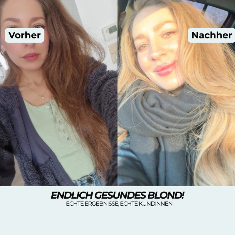 Nachtserum Vorher-Nachher: stumpfes, trockenes braunes Haar wird zu glänzendem, gesundem Goldblond