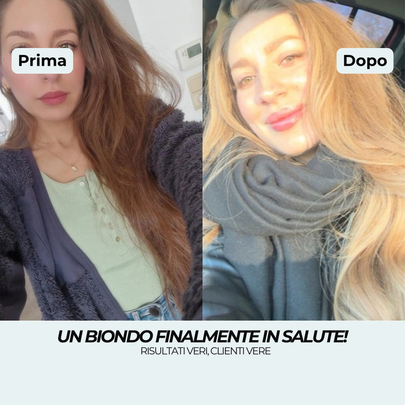 Prima e dopo siero di notte: capelli castani spenti e secchi diventati un biondo dorato lucente e sano