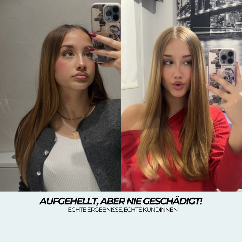 Nachtserum Vorher-Nachher: von stumpfem Dunkelbraun zu glattem, gesundem, glänzendem Goldblond