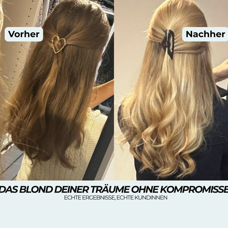 Nachtserum Vorher-Nachher: stumpfes hellbraunes Haar wird zu strahlendem, voluminösem Goldblond