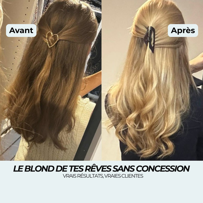 Avant après sérum de nuit : demi-queue châtain clair terne devenue un blond doré éclatant et volumineux
