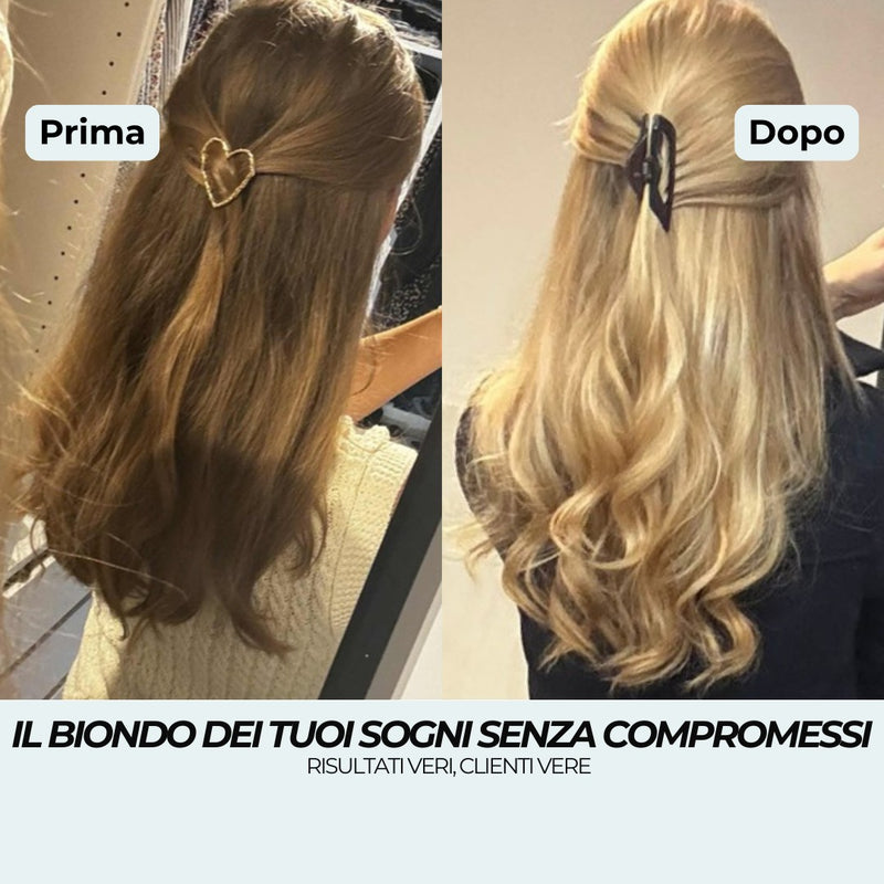 Prima e dopo siero di notte: capelli castano chiaro spenti diventati un biondo dorato luminoso e voluminoso