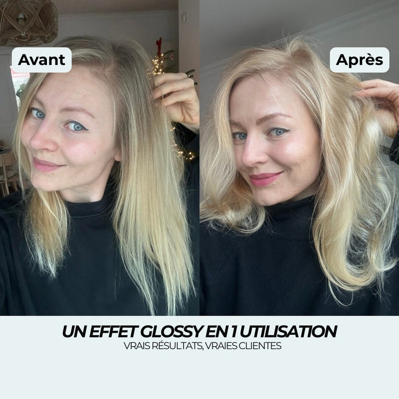 Avant après sérum de nuit : blond cendré plat devenu un blond lumineux à l'effet glossy en 1 utilisation