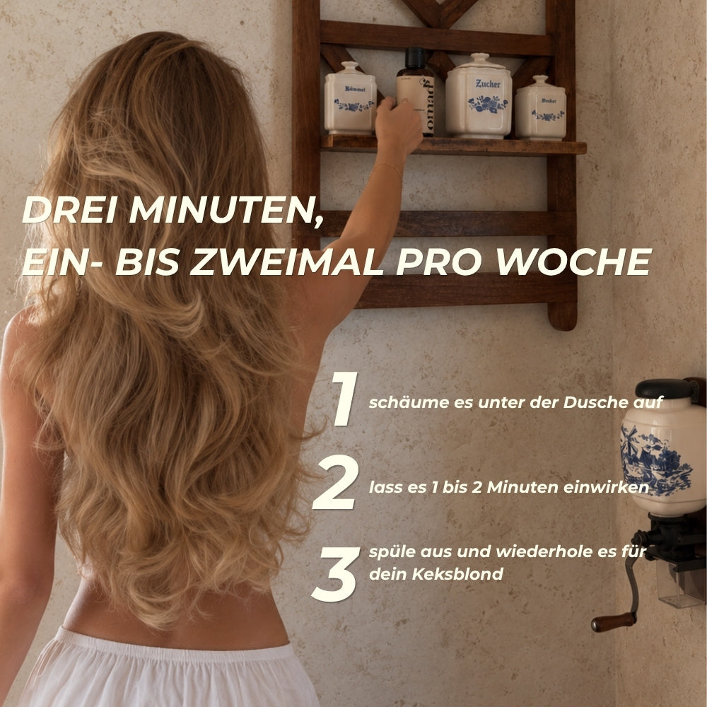 3-Schritte-Routine für das Blond Biscuit Shampoo: unter der Dusche aufschäumen, 1 bis 2 Minuten einwirken lassen, ausspülen