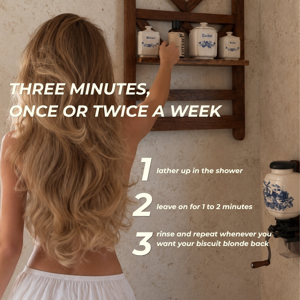 3-step routine for the Blond Biscuit shampoo: lather up in the shower, leave on for 1 to 2 minutes, rinse