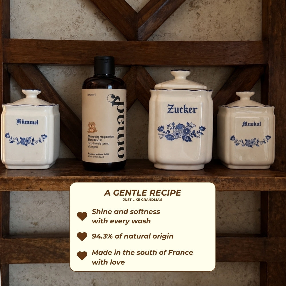 Blond Biscuit shampoo on a kitchen shelf, 94.3% of natural origin, made in the south of France