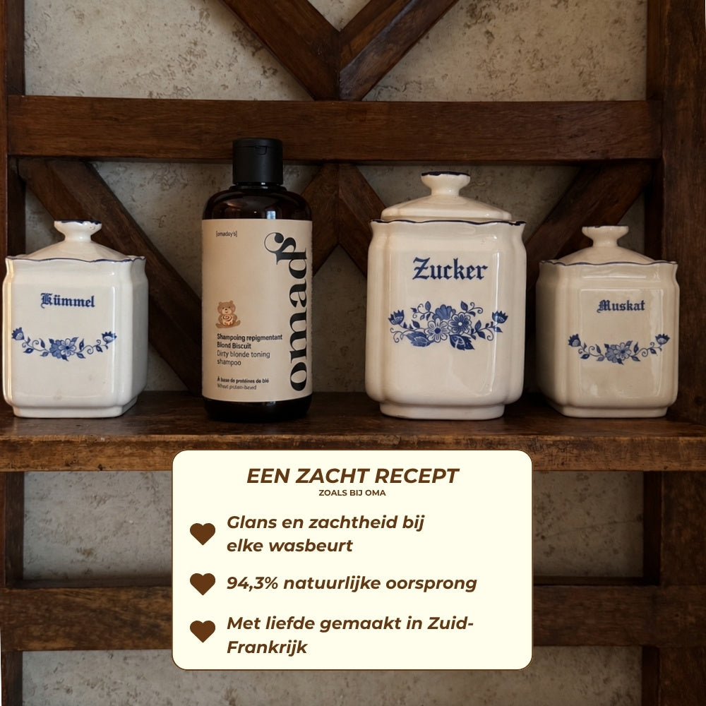 Blond Biscuit shampoo op een keukenplank, 94,3% van natuurlijke oorsprong, gemaakt in Zuid-Frankrijk