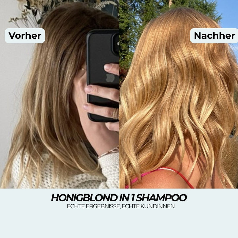 Honigblond-Shampoo Vorher-Nachher: von Dunkelblond mit dunklem Ansatz zu leuchtendem Honigblond mit nur 1 Haarwäsche
