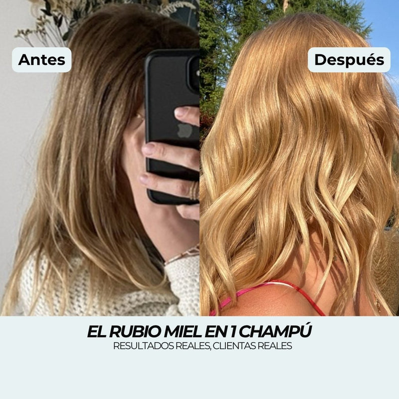 Antes y después del Champú Rubio Miel: de rubio oscuro con raíces oscuras a un rubio miel dorado luminoso en 1 lavado