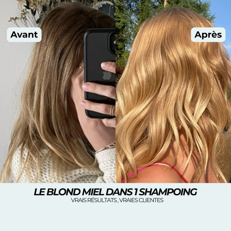 Avant après shampoing blond miel : du blond foncé aux racines sombres à un blond miel doré lumineux en 1 shampoing