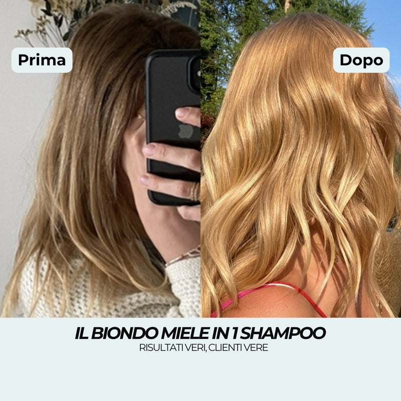 Prima e dopo Shampoo Biondo Miele: da biondo scuro con radici scure a un biondo miele dorato luminoso in 1 lavaggio