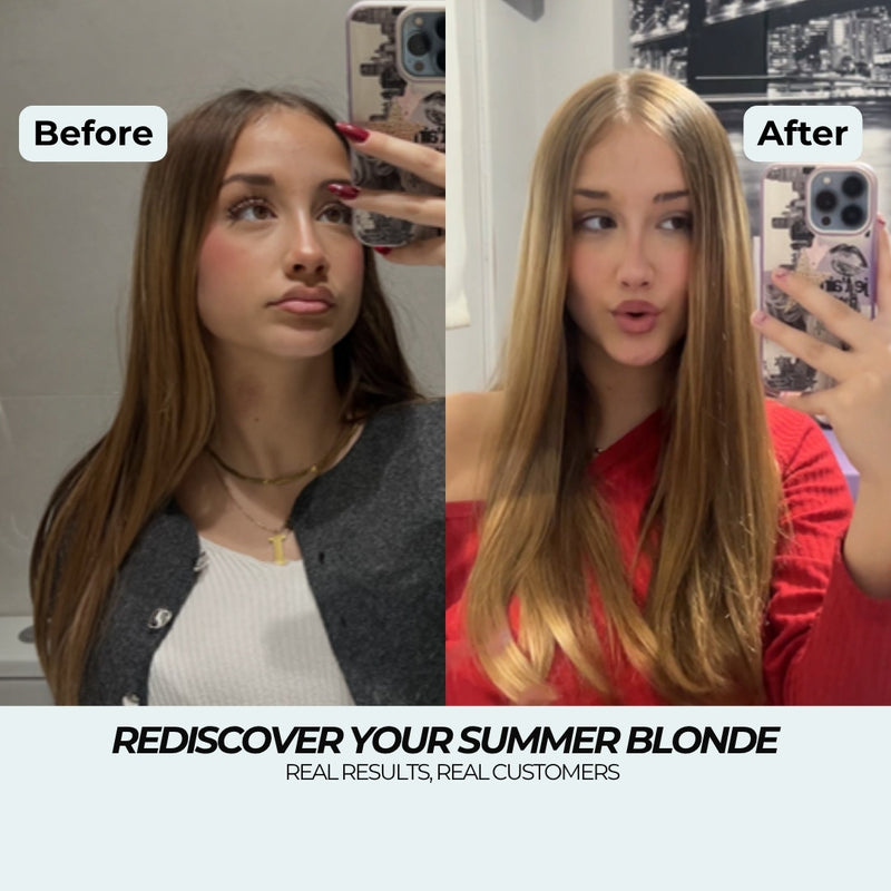 Honey Blonde Shampoo before and after: from dull light brown to a warm golden blonde, summer blonde brought back