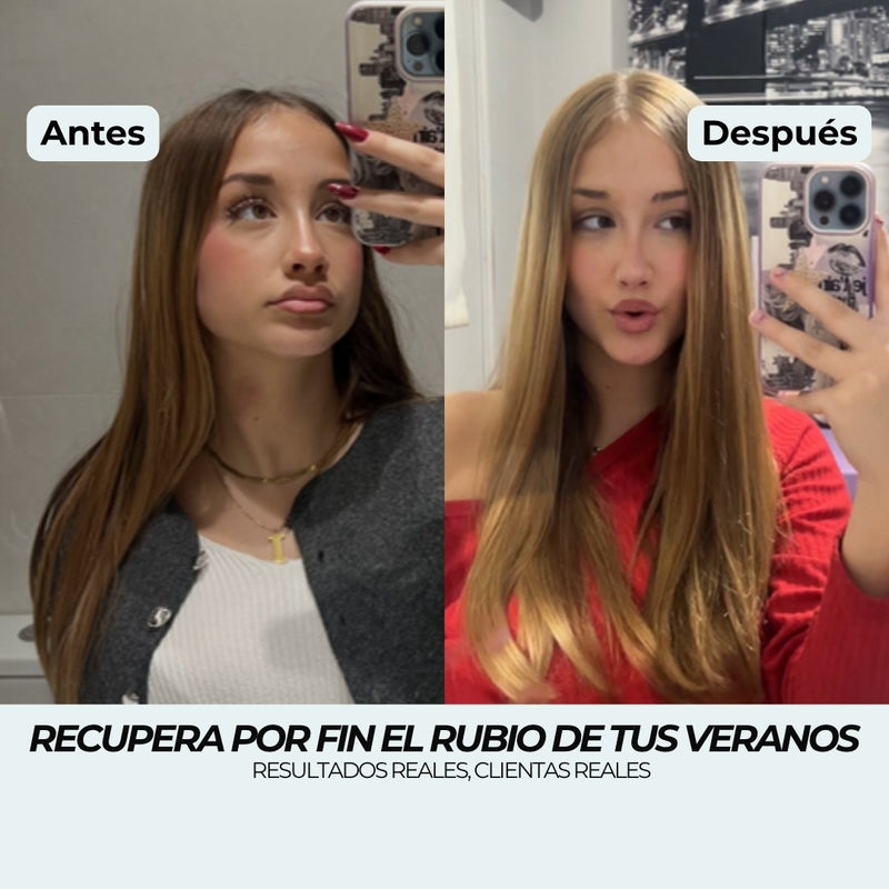 Antes y después del Champú Rubio Miel: de castaño claro apagado a un rubio dorado cálido, el rubio del verano recuperado