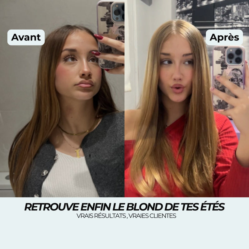 Avant après shampoing blond miel : du châtain clair terne à un blond doré chaud, le blond des étés retrouvé