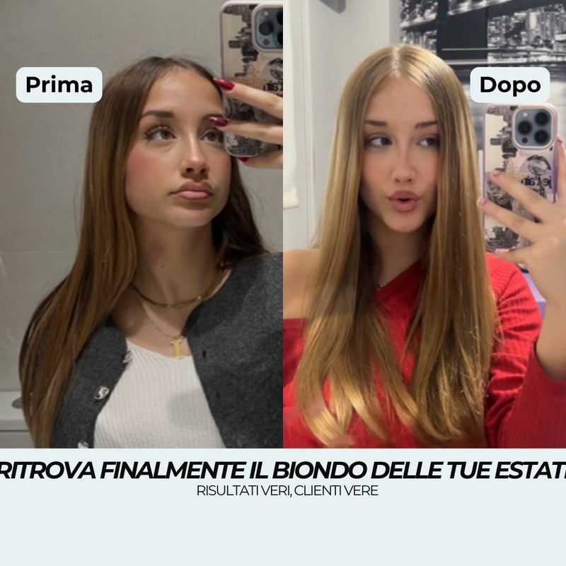 Prima e dopo Shampoo Biondo Miele: da castano chiaro spento a un biondo dorato caldo, il biondo delle estati ritrovato