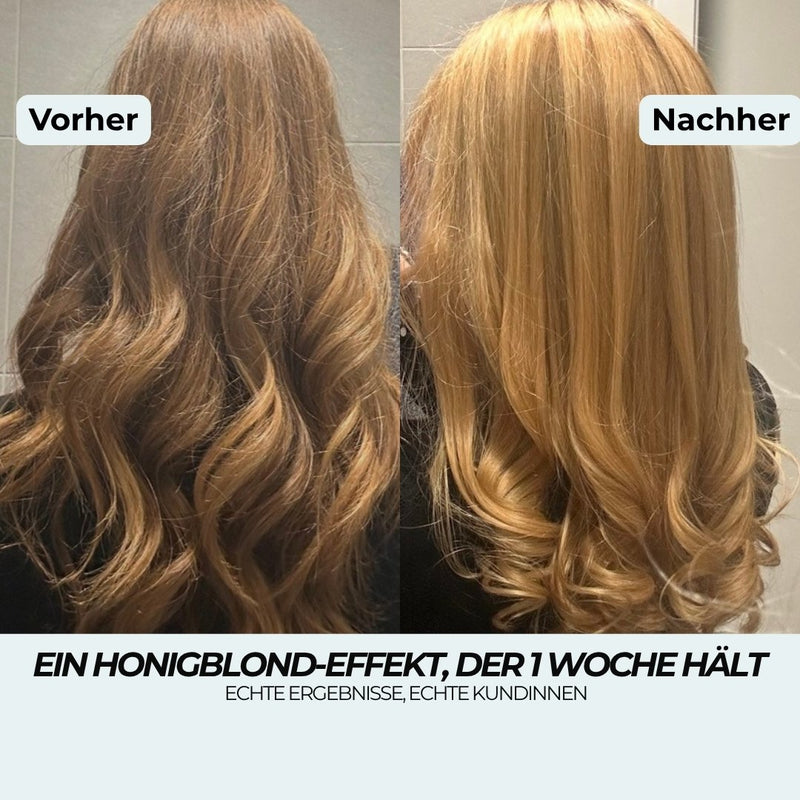 Honigblond-Shampoo Vorher-Nachher: dunkelblonde Locken werden zu goldenem Honigblond, ein Effekt, der 1 Woche hält