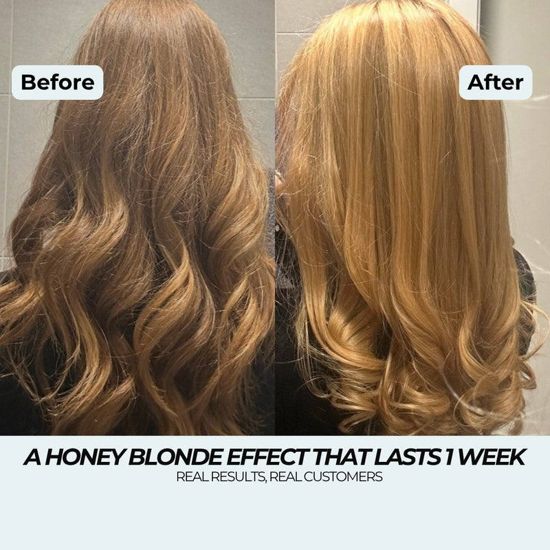 Honey Blonde Shampoo before and after: dark blonde curls turned golden honey blonde, an effect that lasts 1 week