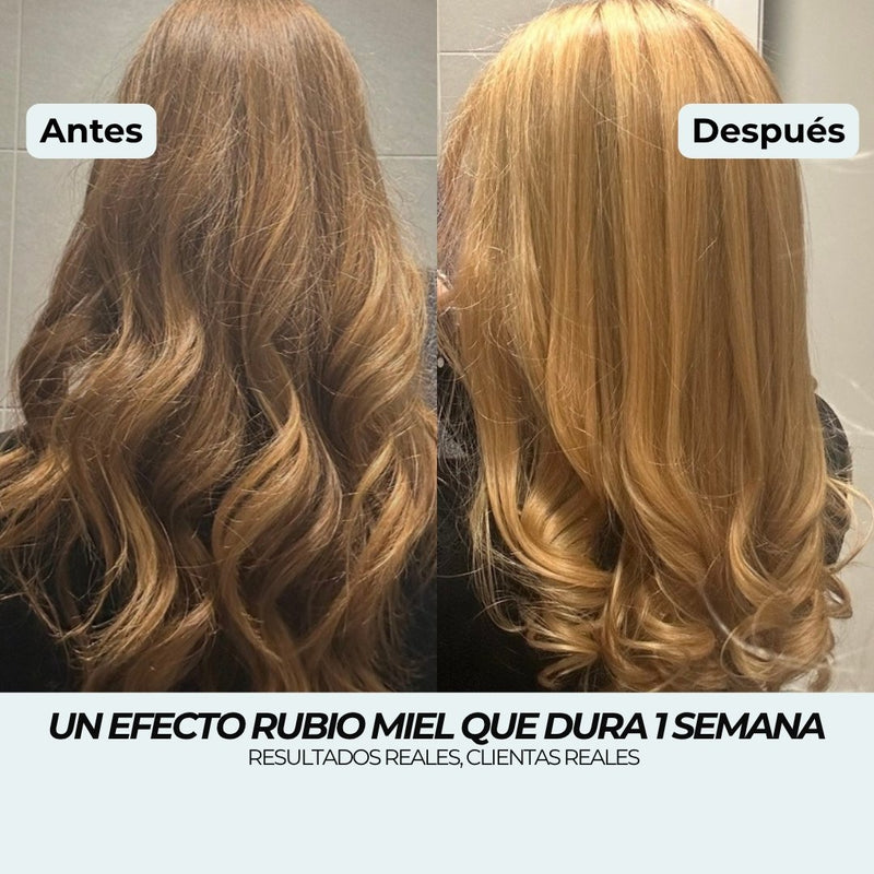 Antes y después del Champú Rubio Miel: rizos rubio oscuro convertidos en rubio miel dorado, un efecto que dura 1 semana