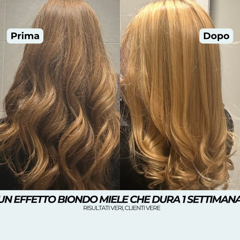 Prima e dopo Shampoo Biondo Miele: ricci biondo scuro diventati biondo miele dorato, un effetto che dura 1 settimana