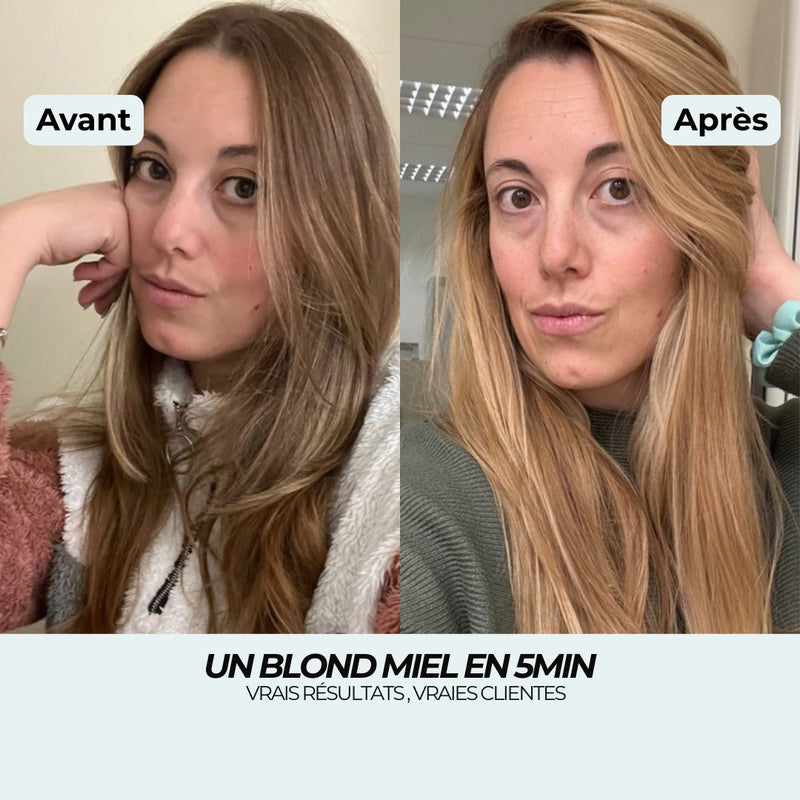 Avant après shampoing blond miel : du blond foncé tirant sur le châtain à un blond miel uniforme en 5 minutes