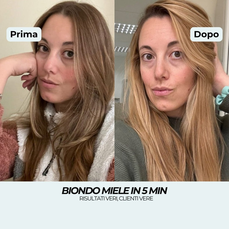 Prima e dopo Shampoo Biondo Miele: da biondo scuro tendente al castano a un biondo miele uniforme in 5 minuti