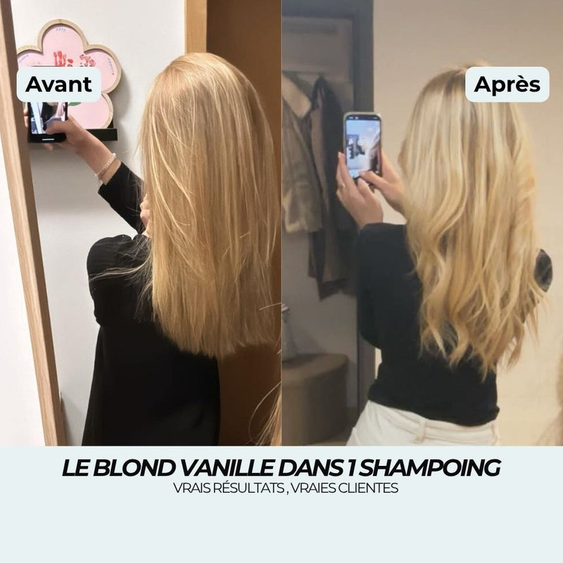 Avant après shampoing blond vanille : du blond foncé terne à un blond vanille lumineux en 1 shampoing
