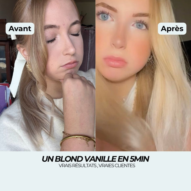Avant après shampoing blond vanille : du blond foncé cendré à un blond vanille très clair en 5 minutes