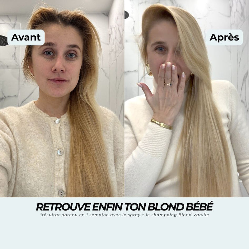 Avant après : racines châtain et blond foncé devenus un blond bébé uniforme, avec le spray et le shampoing blond vanille