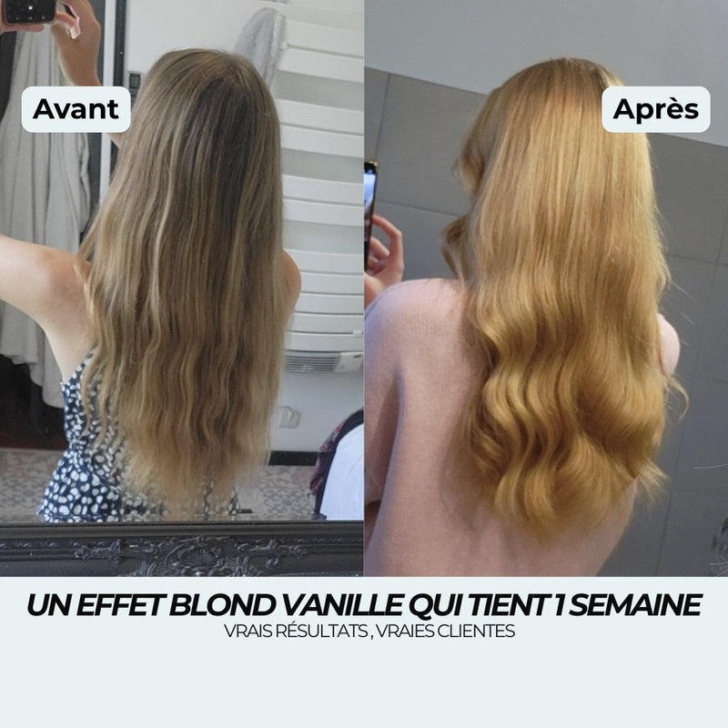Avant après shampoing blond vanille : du blond cendré terne à un blond doré chaud, un effet qui tient 1 semaine