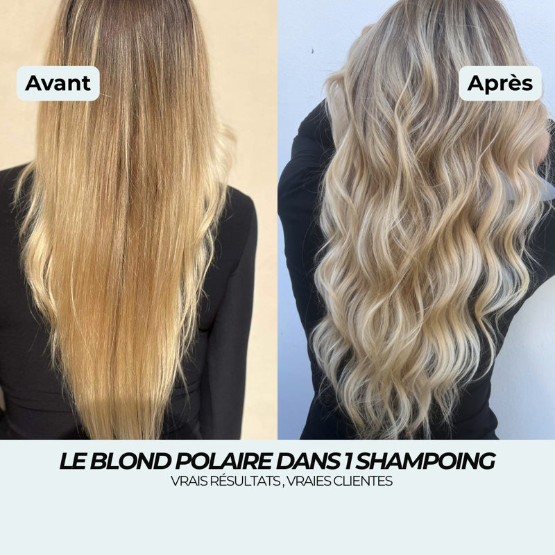 Avant après shampoing violet : du blond doré aux reflets jaunes à un blond polaire froid en 1 shampoing