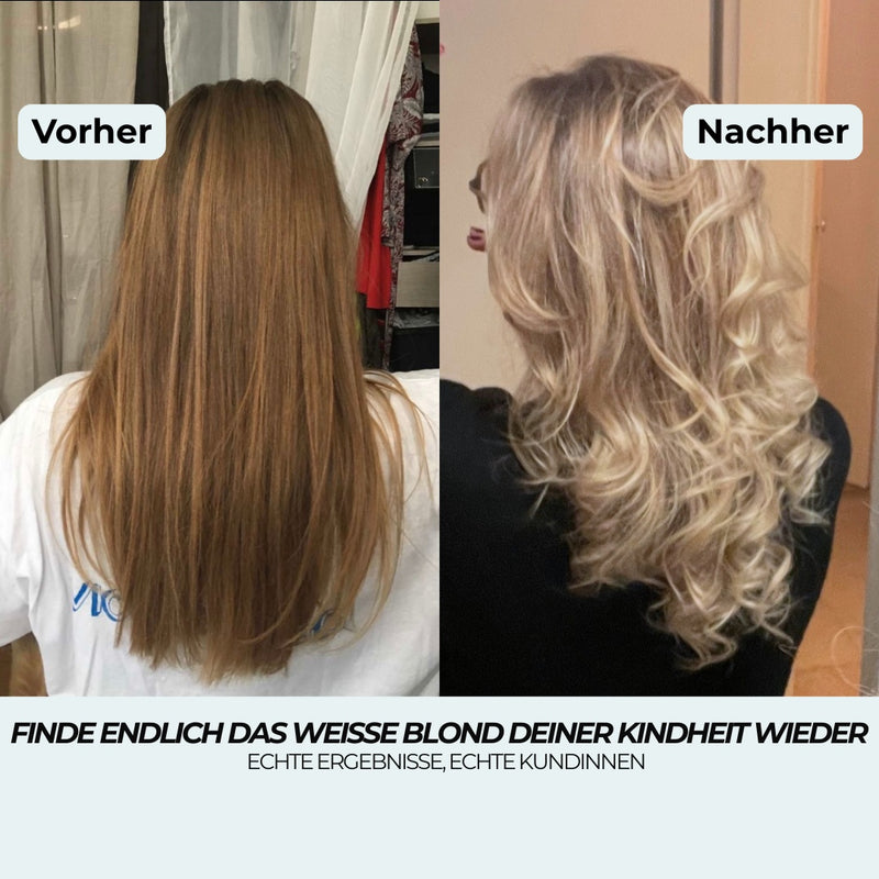 Vorher-Nachher: sehr helles, fast weißes Blond zurück, warme Reflexe durch das Violette Shampoo neutralisiert
