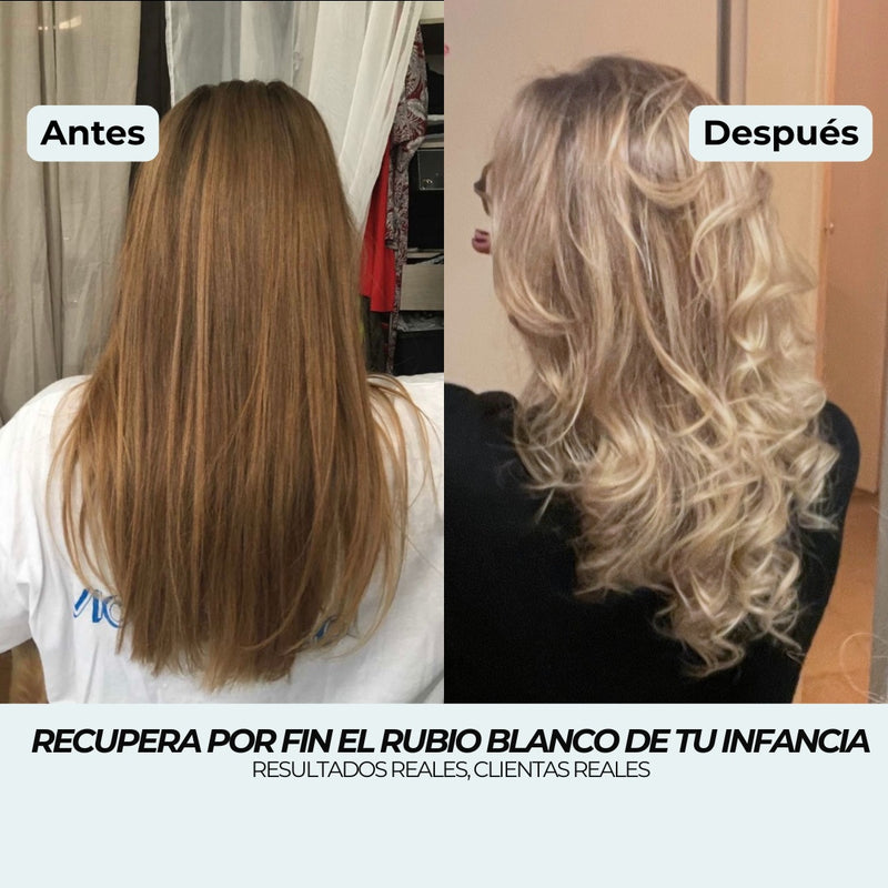 Antes y después: rubio muy claro casi blanco recuperado, reflejos cálidos neutralizados por el Champú Violeta