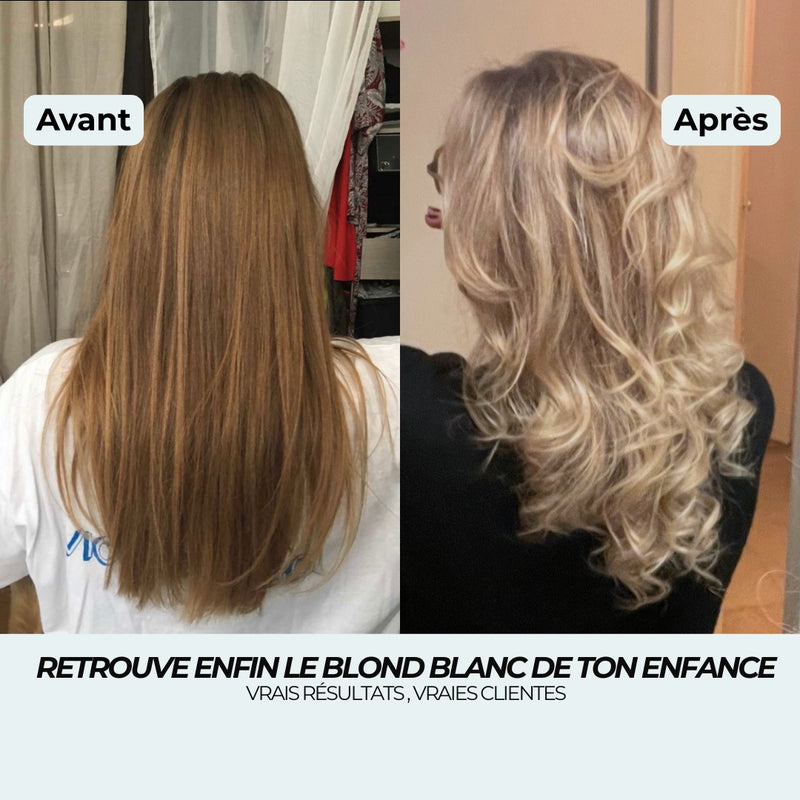 Avant après : blond très clair presque blanc retrouvé, reflets chauds neutralisés par le shampoing violet