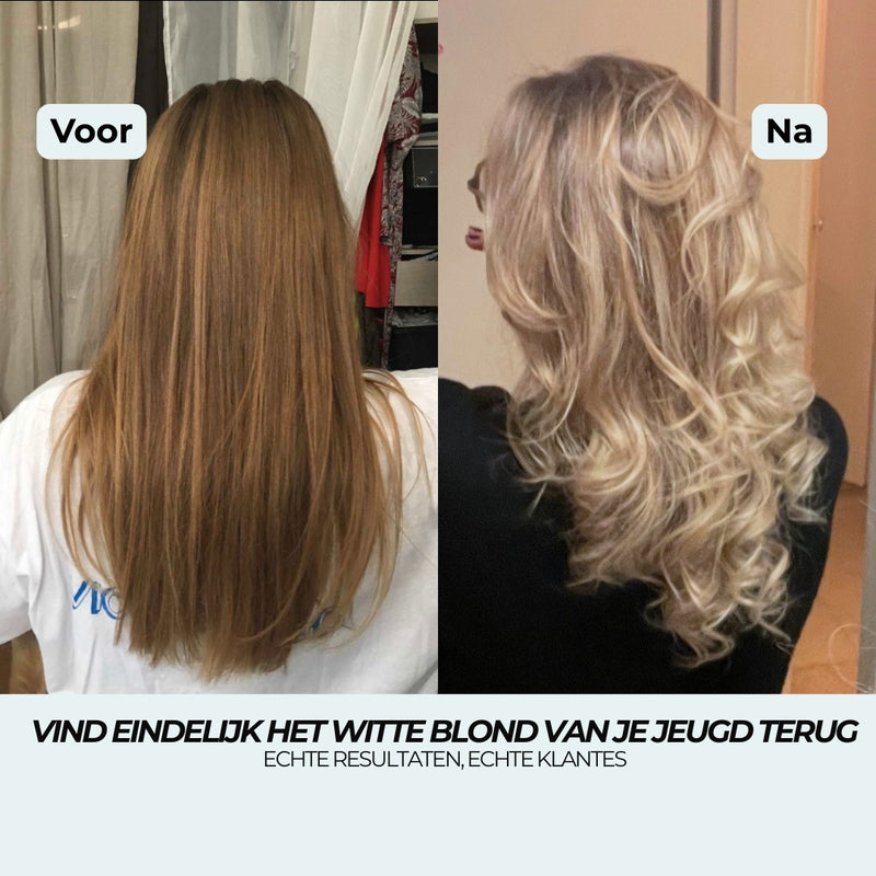 Voor en na: heel licht, bijna wit blond terug, warme tinten geneutraliseerd door de Paarse shampoo