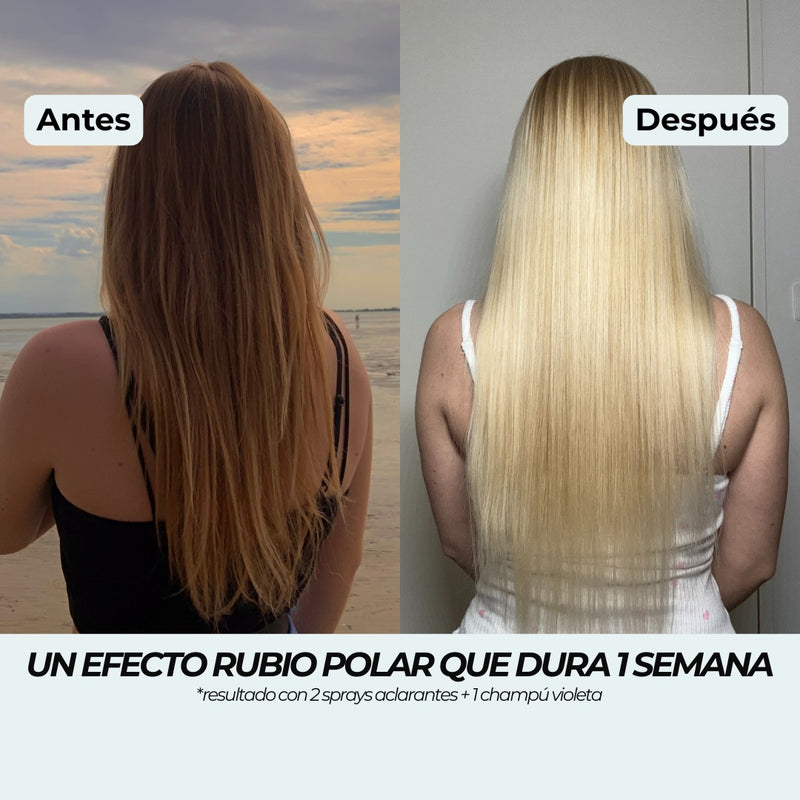 Antes y después: de rubio oscuro cobrizo a Rubio Polar platino, con 2 sprays aclarantes y 1 Champú Violeta