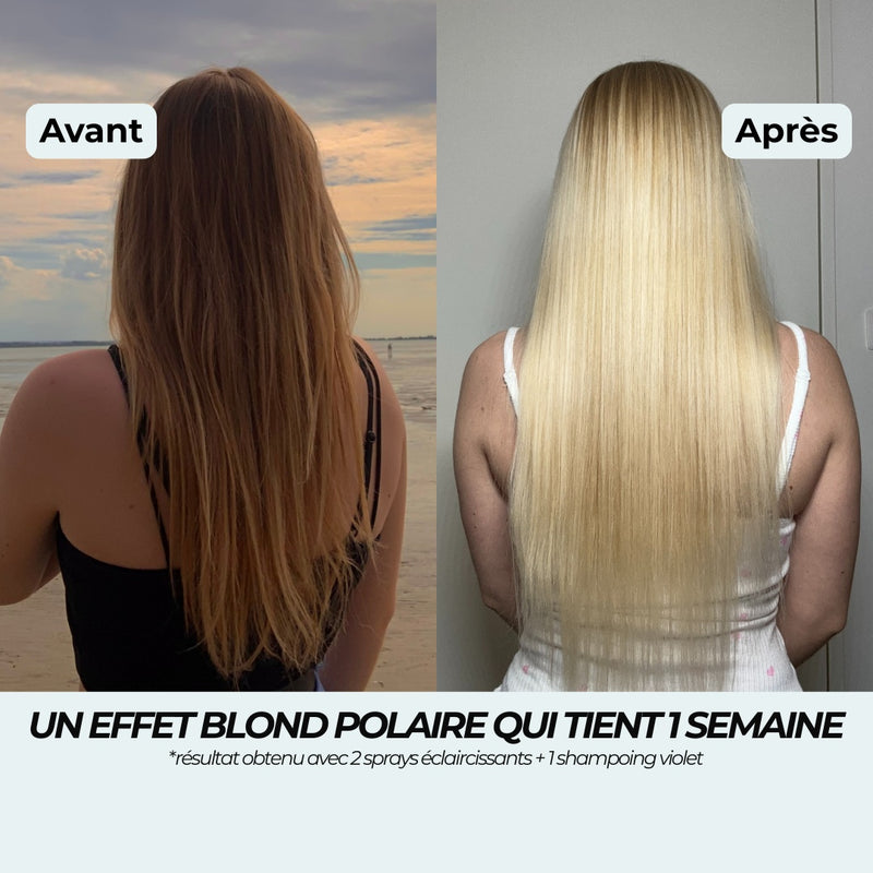 Avant après : du blond foncé cuivré au blond polaire platine, avec 2 sprays éclaircissants et 1 shampoing violet