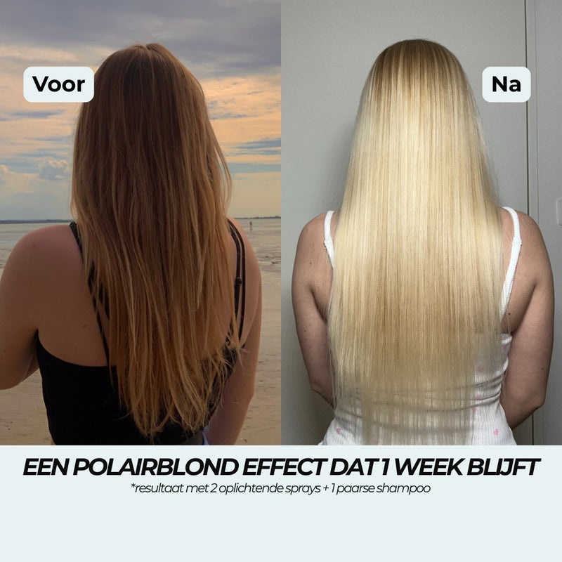 Voor en na: van koperig donkerblond naar platina polair blond, met 2 Blonderende sprays en 1 Paarse shampoo