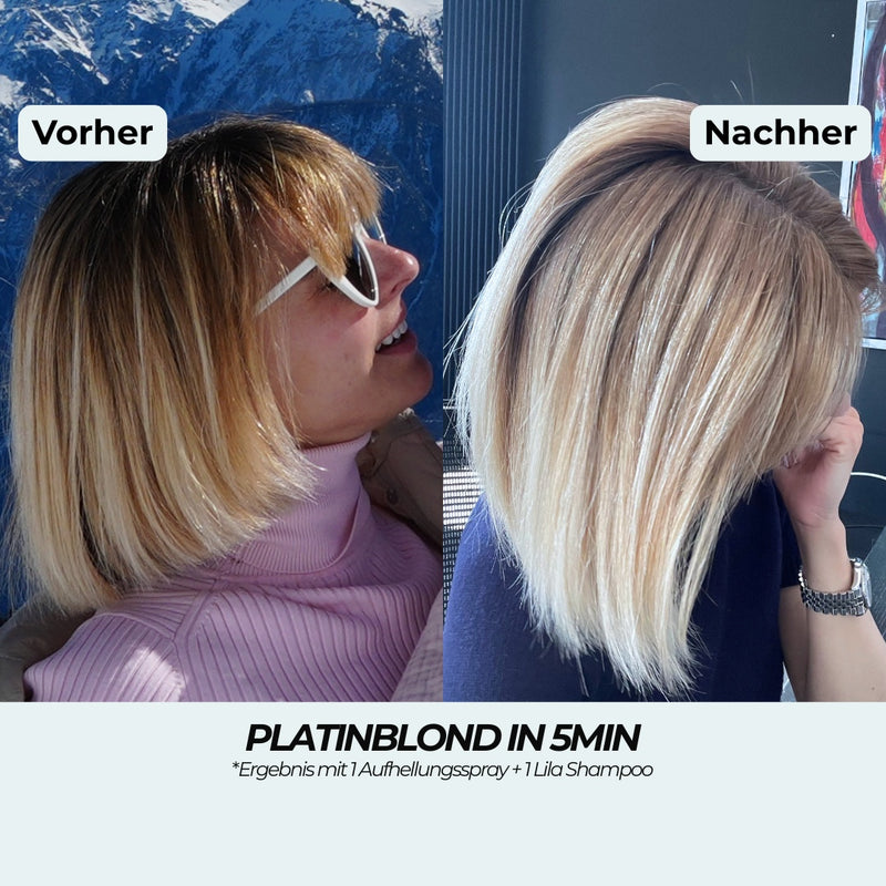 Vorher-Nachher: blonder Bob mit Gelbstich wird zu kühlem Polarblond, mit 1 Aufhellungsspray und 1 Violetten Shampoo